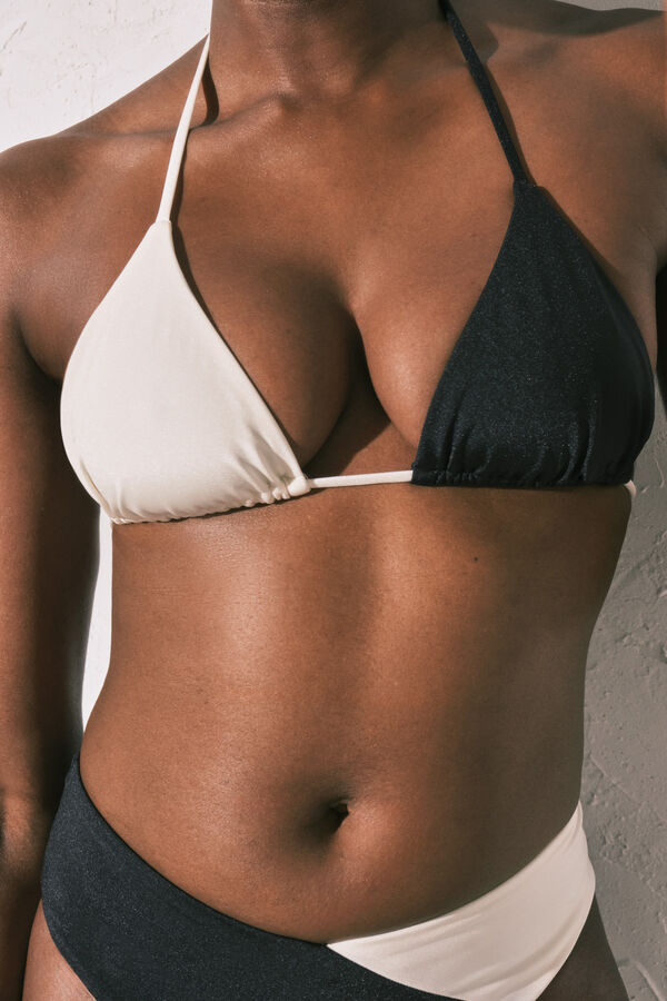 Women'secret Top bikini triangular color block blanco y negro negro