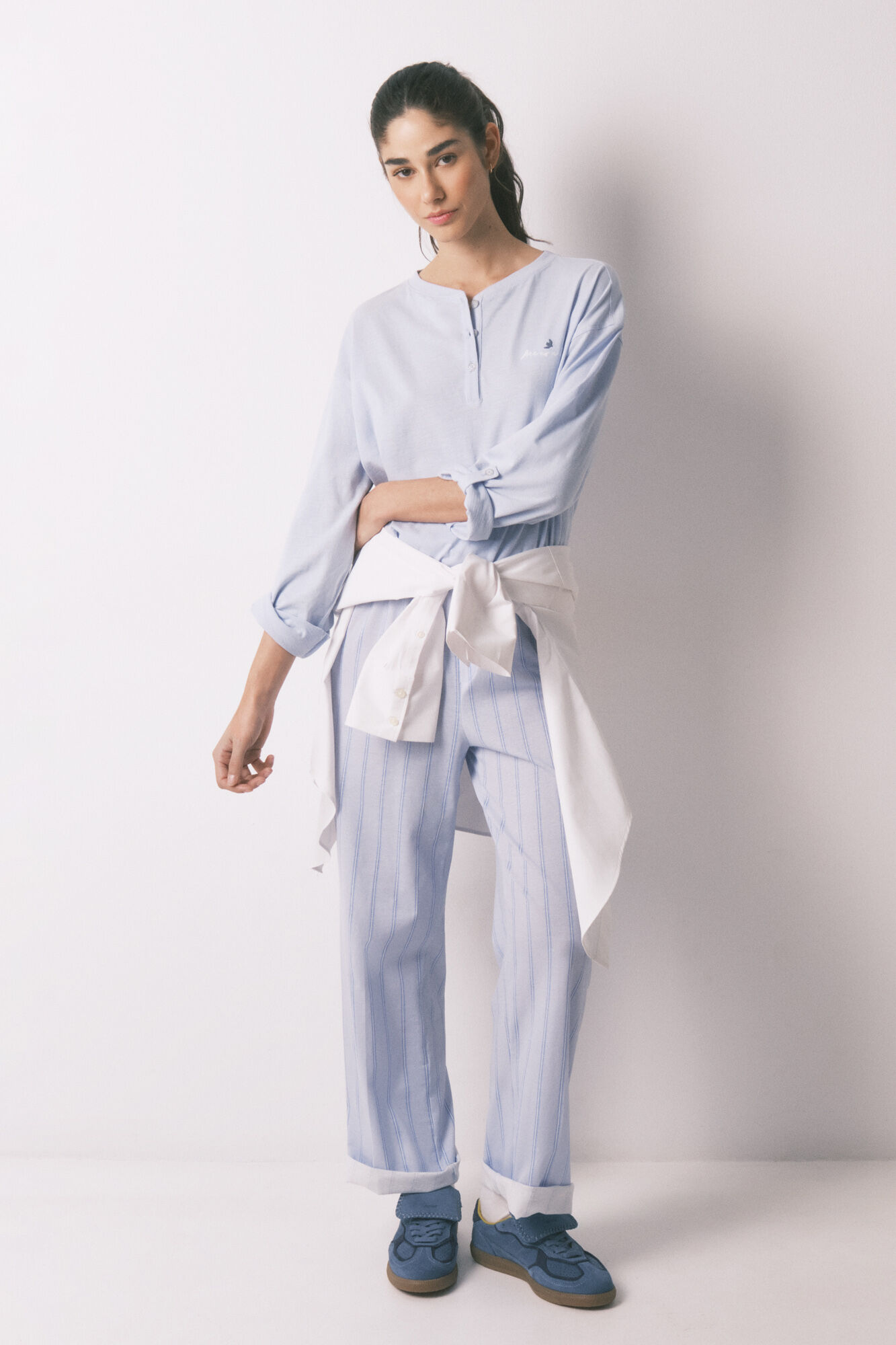 Women'secret Pantal&oacute;n largo a rayas de 100% algod&oacute;n azul